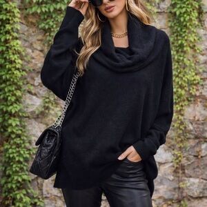 FORTE CASHMERE Quiet Minimalist Oversized Black Cowl Neck Sweater, M